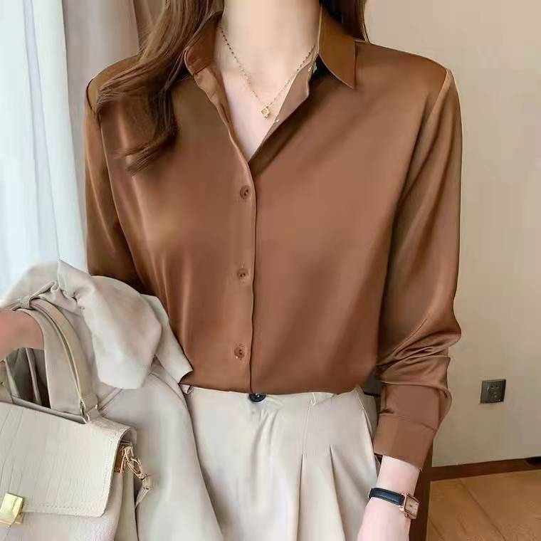 Early Spring New Satin Shirt Women's Spring Wear Retro Hong Kong Style Design Sense Long Sleeve Satin Draped Shirt