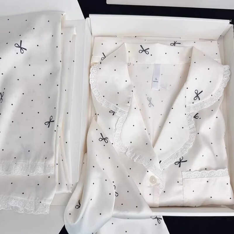 Lace Polka Dot Bow Cute Ice Silk Pajamas for Women Spring New Style Casual Home Wear for Girls as a Gift for Friends Lace Polka Dot Bow Cute Ice Silk Pajamas for Women Spring New Style Casual Home Wear for Girls as a Gift for Friends