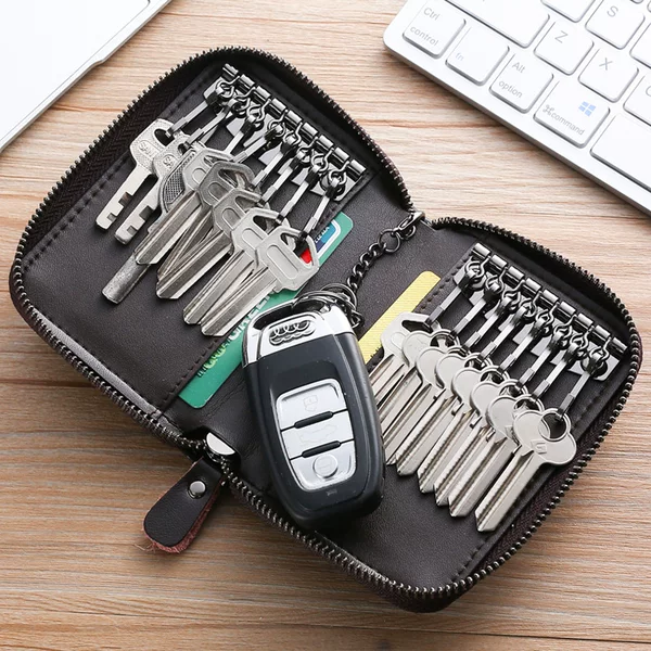 Two-Layer Cowhide Car Key Case for Men, Large Capacity Zipper Pouch, Women's Waist-Hanging Key Holder, Trendy Card Holder, Driver's License Case