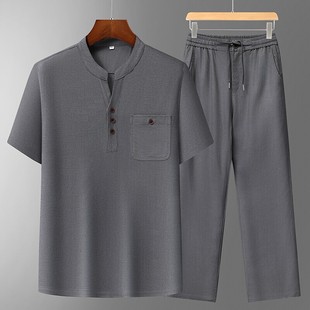 29507 Chinese Style Cotton and Linen Tang Suit Men's Short-Sleeved Two-Piece Suit Chinese Style Linen Han Dynasty Zen Layman's Suit P85