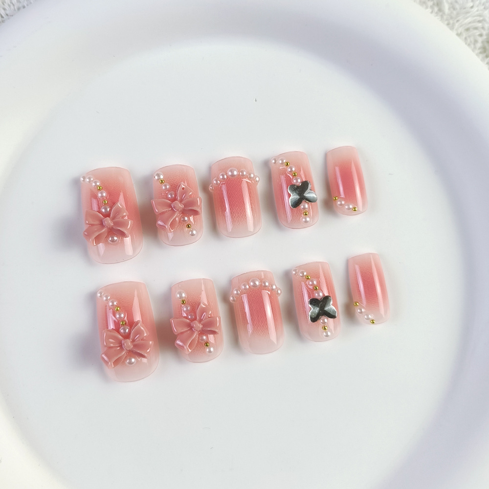 Bowknot perla hada rubor desgaste uñas dulces y suaves uñas blancas uñas postizas desmontables con incrustaciones de diamantes image 4