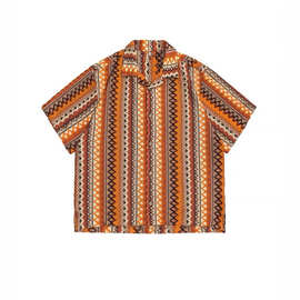 复古民族风镂空编织古巴领衬衫男夏季潮流撞色设计感宽松短袖衬衣