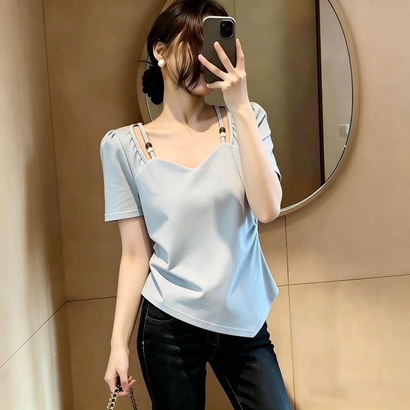 Áo thun nữ cổ vuông tay ngắn form rộng, thiết kế thắt eo che bụng cho người đầy đặn — màu đen, xanh lam, màu trắng, xanh lá cây chi tiết 6