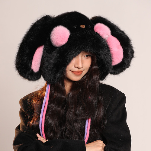 2024 New Cute Long Ears Blush Rabbit Plush Hat Women's Autumn and Winter Anti-Cold Warm Ear Hat Lei Feng Hat
