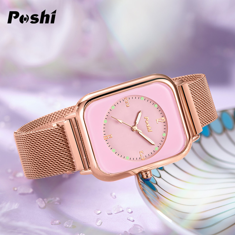 Posthi moda tendencia de moda todo-acero cuarzo reloj de mujer Reloj simple casual cuadrado impermeable reloj de las mujeres al por mayor