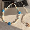 14 # Blue and white smudged resin rhombus beads beaded beige wax rope about 150cm