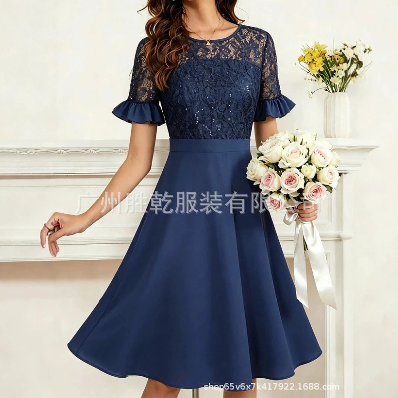 New Cross-Border Foreign Trade European and American Women's Clothing, Five-Quarter Sleeve Lace Wedding Dress, Bridesmaid Dress, Mid-Sleeve Round Neck Design Evening Dress