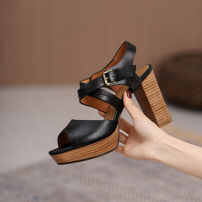 Sandal nữ mũi nhọn gót thô đế dày kiểu La Mã — Màu nâu