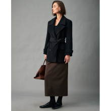 唐嫣同款100纯山羊绒正肩翻领双排扣短款系带大衣女有内衬厚外套