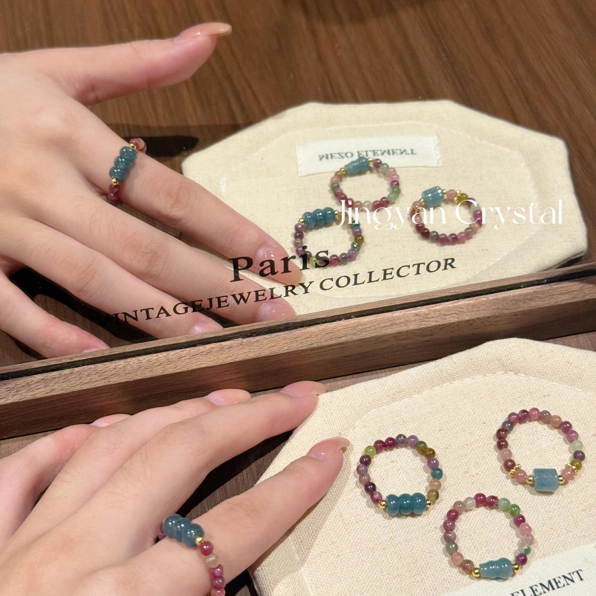 Original design, natural crystal, tourmaline, blue jade, new Chinese style, luxurious gourd-shaped ring, handmade, wholesale, beaded ring for women