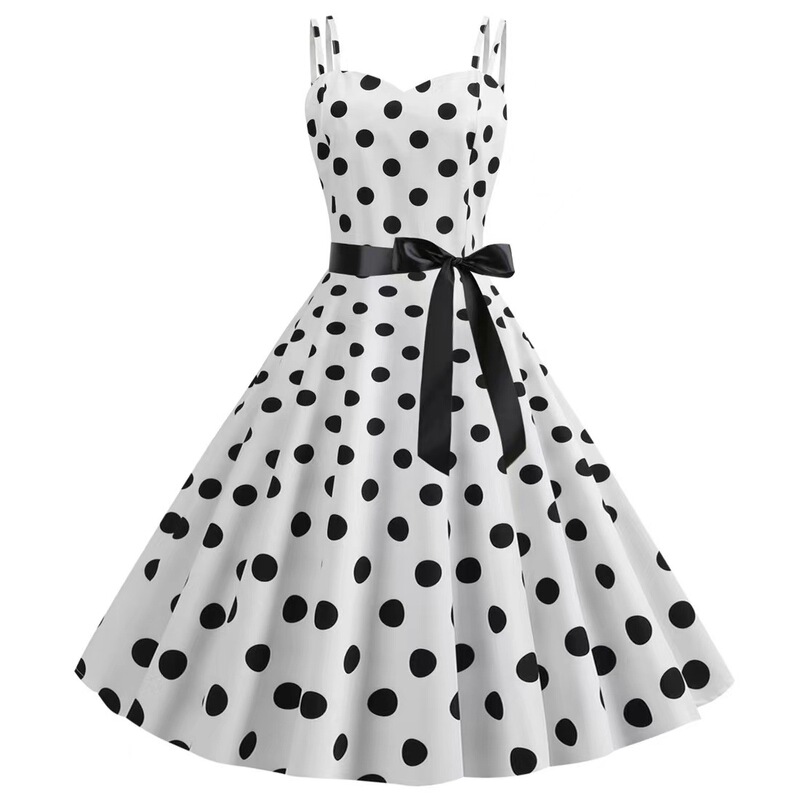 Hepburn temperament slimming Hong Kong style retro 80's polka dot strap stage performance dance clothes large swing dress