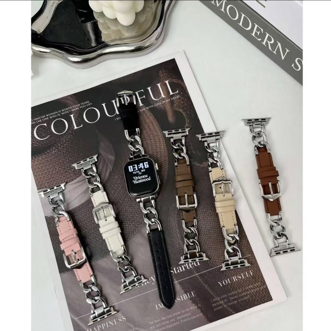 Metal chain stitching leather strap for s9applewatch10 Apple Watch 8765SE design