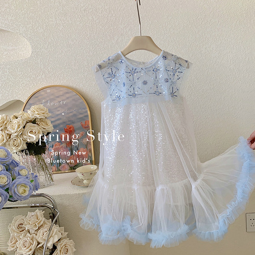 Girls Dress 24 Summer New Ice Blue French Large Lapel Sequined Mesh Skirt Birthday Dress Princess Dress