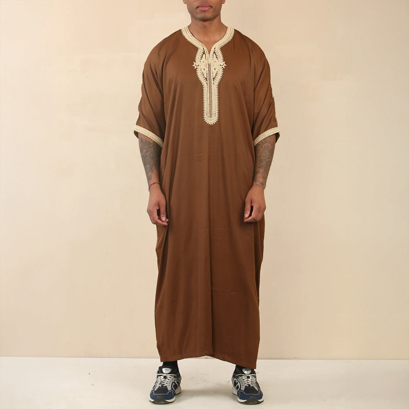 Brown Men's Style Embroidered Moroccan Men's Robe with Side Pockets in Stock Brown Men's Style Embroidered Moroccan Men's Robe with Side Pockets in Stock