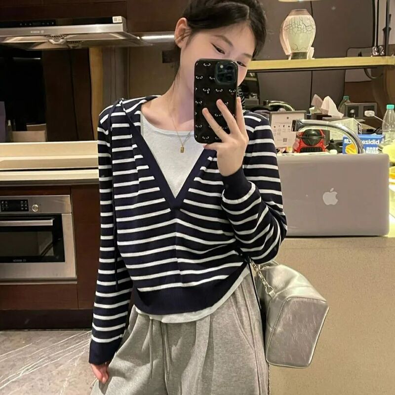 Trendy Color College Style Korean Long-Sleeve Hooded Striped Knit Sweater for Women 2025 Niche Fake Two-Piece Knit Sweater
