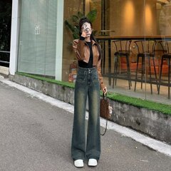女性のための春のレトロなブーツカットジーンズ 2025 春と秋の新しいハイウエストスリムストレッチ小柄なワイドレッグパンツ