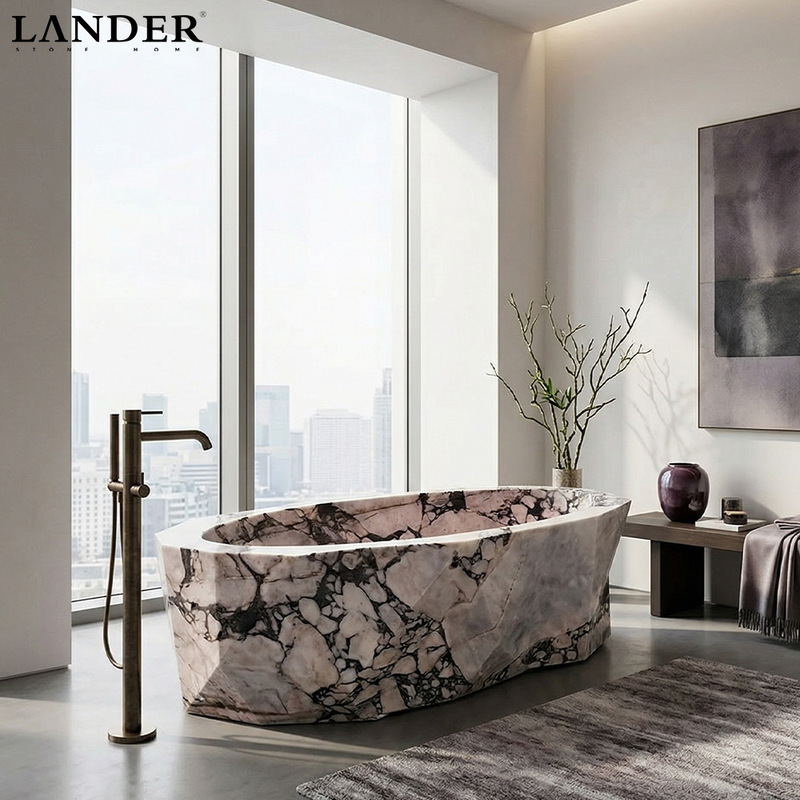 Bvlgari purple bathtub bathroom with high-end design, unique French and Italian style, offering a light luxury atmosphere for bathing