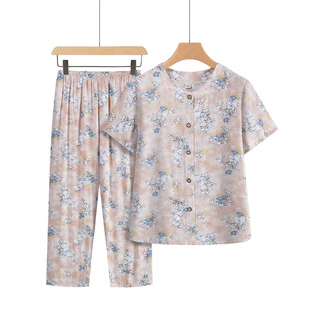 奶奶装夏季棉绸家居服套装洋气老太太短袖开衫衬衫T恤外穿睡衣女