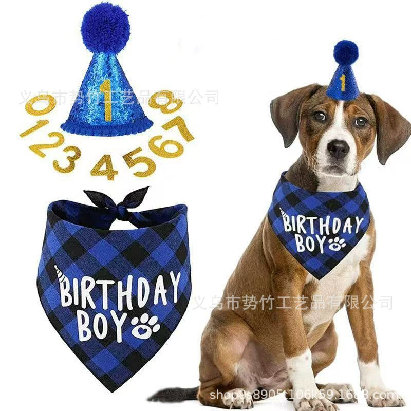 Трансграничная амазонка горячая распродажа домашних животных клетчатый полотенце треугольное полотенце слот собачьей собаки день рождения хлопчатобумажный нагрудник для домашних животных