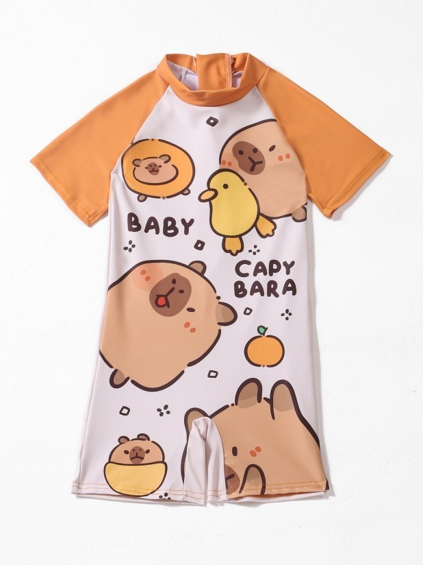 Caricatura encantadora capibara trajes de baño para niños, trajes de baño de mangas cortas para niños, trajes de baño conservadores para niños