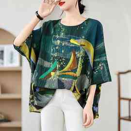 实拍2024夏季新品麻棉民族风蝙蝠袖宽松大码圆领T恤女