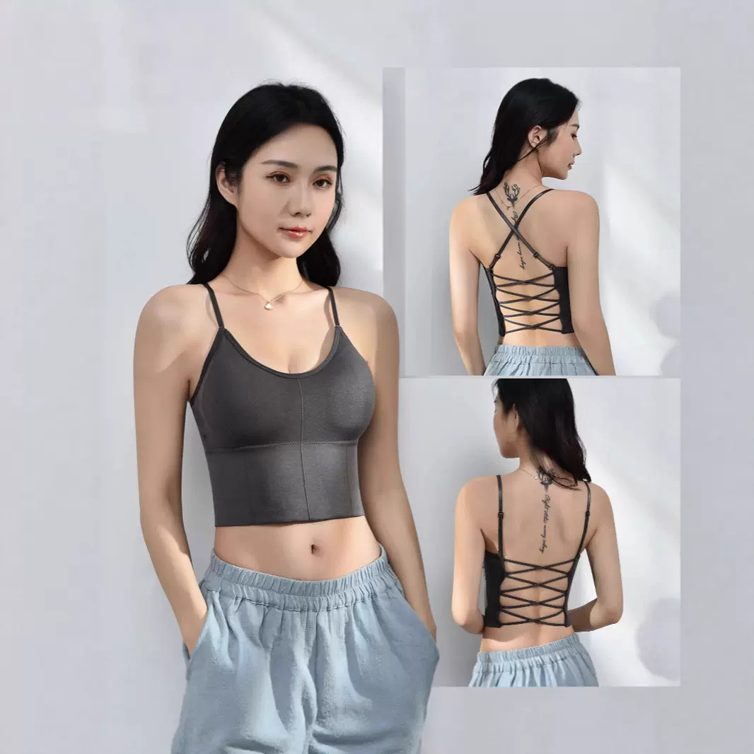 交叉镂空露背u型美背小吊带背心女内搭打底衫外穿上衣带胸垫内衣