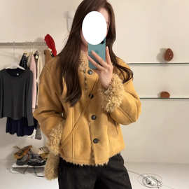 美式复古麂皮绒皮毛一体羊羔毛外套女2025冬季美拉德加厚保暖外套