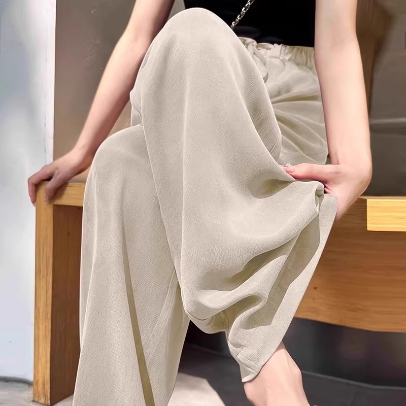 オレンジキュプラシルクワイドレッグパンツ女性のための 2025 夏の新しいファッション気質酢酸アイスシルクカジュアルパンツルーズで透明|undefined