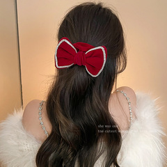 蝴蝶結頭繩秋冬季網紅新款紅色絲絨發圈髮飾過年頭飾喜慶水鑽發繩