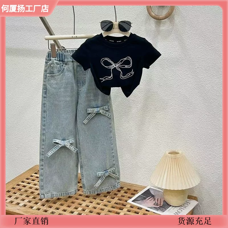 Летний комплект одежды для детей: футболка, тренинговые джинсы, для подростков, в западном стиле
