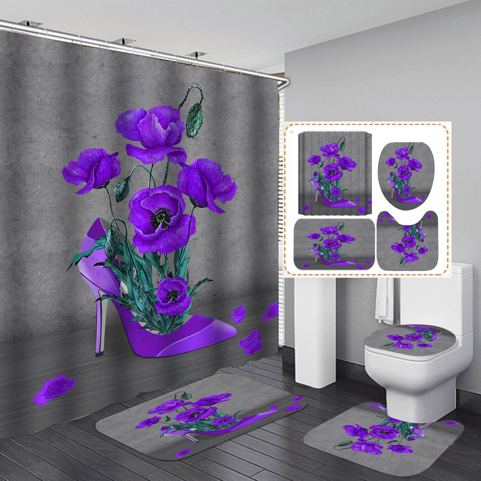 E-commerce transfronterizo HD digital poliéster impresión ducha cortina baño ducha cortina libre C-tipo de plástico colgante anillo 12