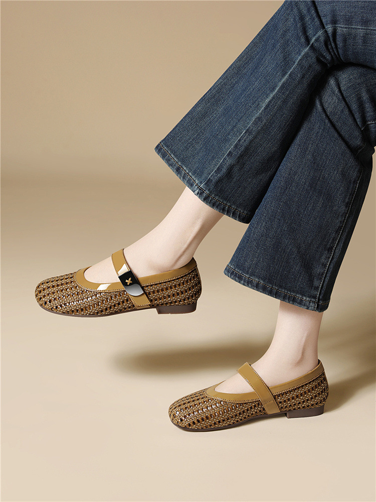 Dép sandal nữ da thật dệt rỗng mũi tròn đế bệt quai chữ V — 6057 Màu cà phê, 6057 Màu be chi tiết 12