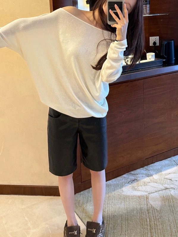 SUNONEON 宽松慵懒斜肩露肩长袖针织衫女早秋薄高级感休闲衣|undefined