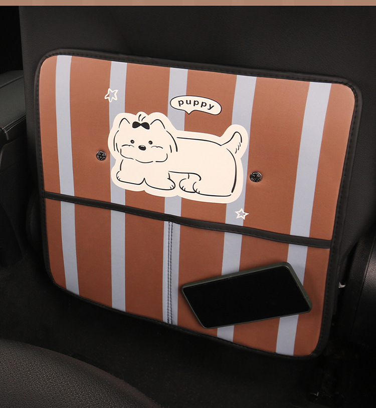 Cute Striped Puppy Car Seat Back Anti-Kick Pad for Rear Seats, Anti-Dirt and Anti-Stain Pad with Storage Pocket