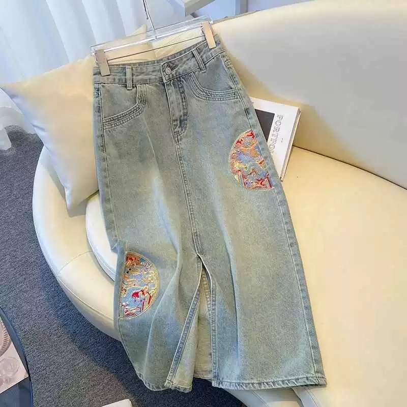 2024 летний новый новый китайский стиль с открытым поперечным джинсовым бюстом женская вышивка с высокой талией