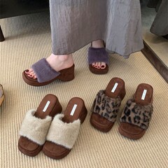 厚底毛毛拖鞋女外穿2025年春秋季方头复古豹纹一字棉粗跟凉拖鞋