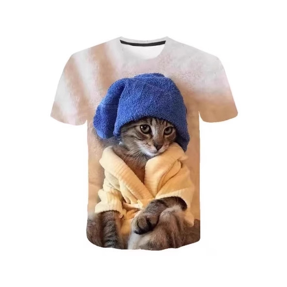 2025新款时尚清新的男女T恤两猫3D印花T恤儿童夏短袖T恤男短袖t恤