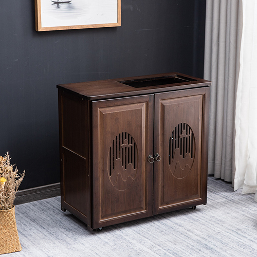 G3YN Tea Cabinet, Modern Chinese Style Solid Wood Sideboard for Home Living Room, Integrated Water Kettle, Walnut Wood with Wheels