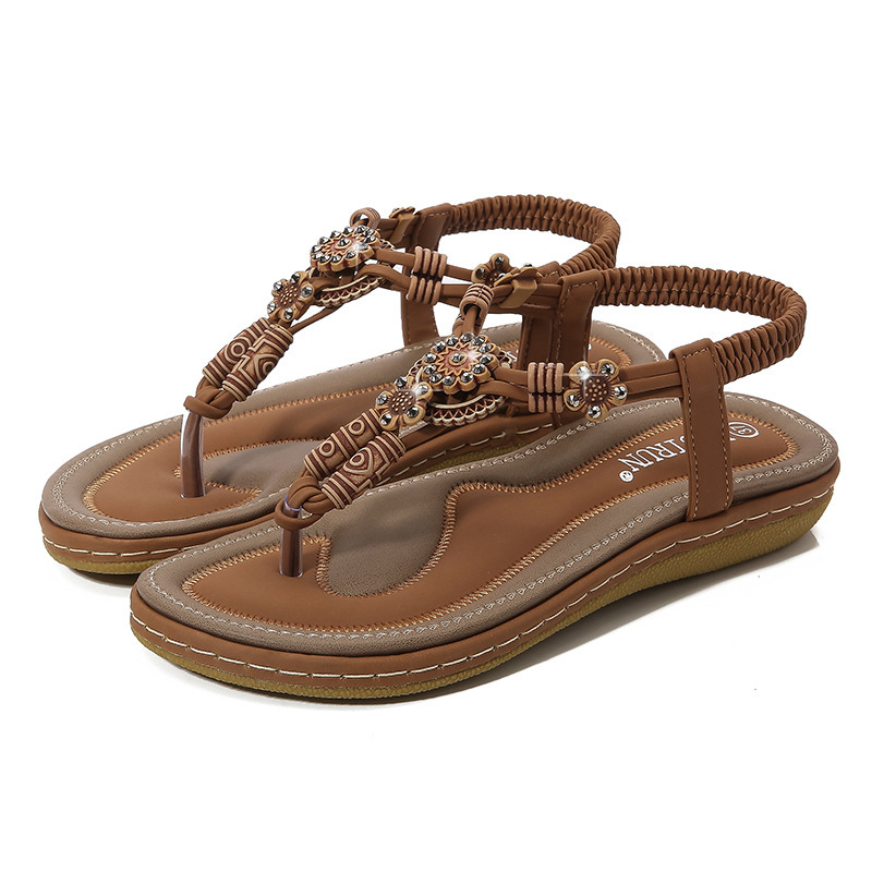 Summer 2025 European and American Amazon Sandals for Women. Cross-Border Bohemian Wooden Bead Woven Large Size Flats Casual Shoes Summer 2025 European and American Amazon Sandals for Women. Cross-Border Bohemian Wooden Bead Woven Large Size Flats Casual Shoes