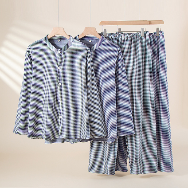 New Autumn and Winter Warm Men's Home Wear Stand Collar Simple Plaid Casual Comfortable Pajamas Long-Sleeved Trousers Lapel Elastic