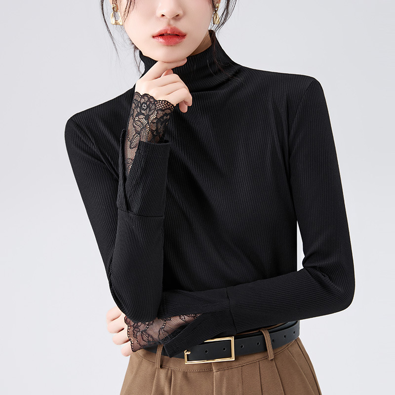High-Neck Base Shirt for Women, 2025 New Fashion Lace Patchwork Blouse with Flared Sleeves