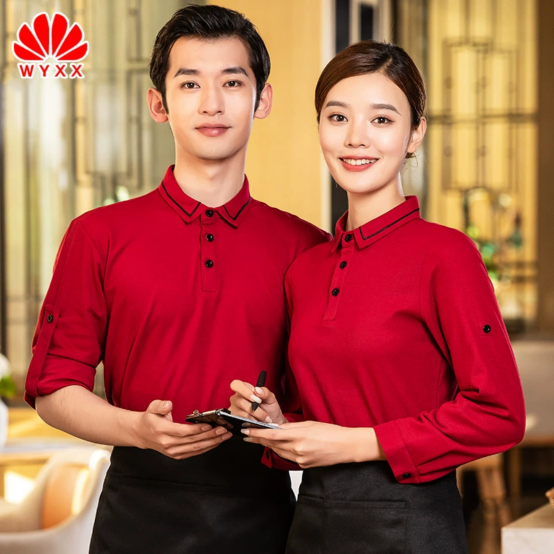 Рабочая одежда официанта Футболка с короткими рукавами Логотип Отель Кейтеринг Ресторан быстрого питания Фруктовый магазин Супермаркет Инструменты с длинными рукавами на складе