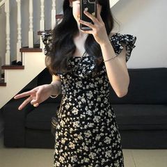 ティーブレイクフレンチフライスリーブ花柄ドレス女性の夏の新しいファッションデザインウエスト痩身ロングスカートミドル丈スカート