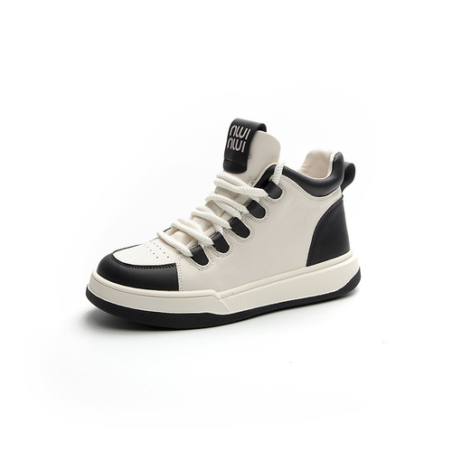 High-top casual sneakers for women 2024 autumn miu same style white shoes genuine leather thick-soled height increasing shoes