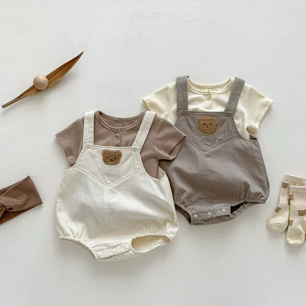 2026Ins New Baby Bear Romper Overalls Set Solid Color Short-Sleeve T-Shirt Stylish Unisex Children's Clothing