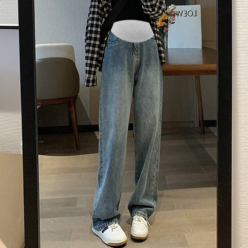 Maternity straight-leg jeans for spring and autumn 2026, belly-supporting wide-leg pants, loose and adjustable, floor-length, vintage blue trousers Maternity straight-leg jeans for spring and autumn 2026, belly-supporting wide-leg pants, loose and adjustable, floor-length, vintage blue trousers