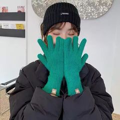 Klein blue woolen knitted solid color Korean gloves with labeling, split fingers, exposed fingers, touch screen, finished for autumn and winter to keep warm
