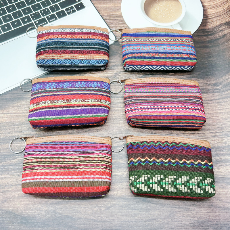 New Simple Striped Canvas Bag Women's Ethnic Style Coin Purse Coin Bag Storage Bag Coin Bag Hand Small Wallet