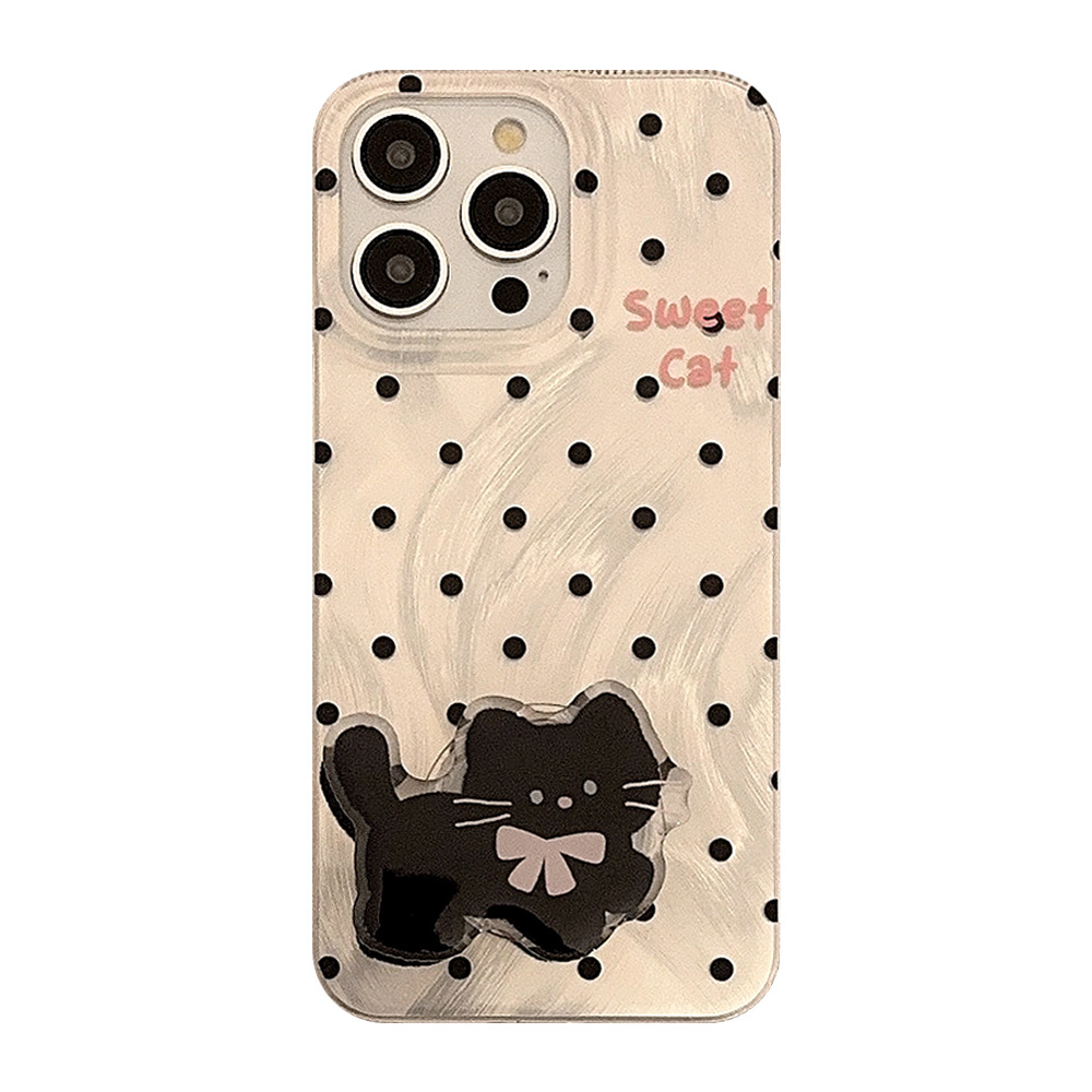 Funda para iPhone 16/15/14/11 estilo INS con estampado de lunares, diseño de gato y soporte, de hilo de plumas, rígida, compatible con Apple 17 Pro Max