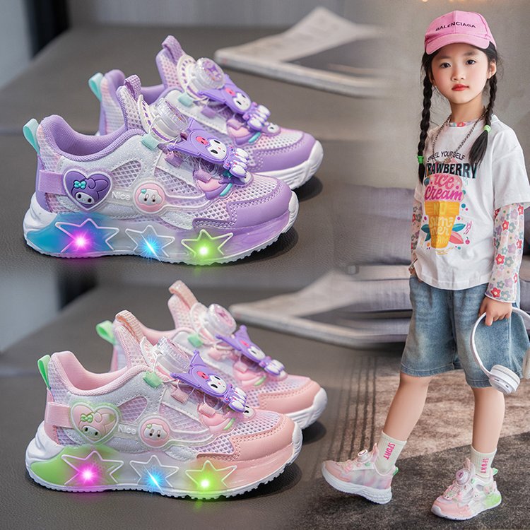 Girls' Lighted Kuromi Sneakers 2025 Spring and Summer Single Mesh Luminous Cartoon Princess Shoes Lighted Children's Knob